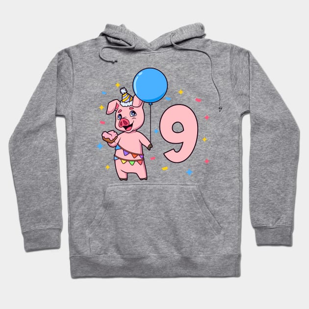 I am 9 with pig - kids birthday 9 years old Hoodie by Modern Medieval Design